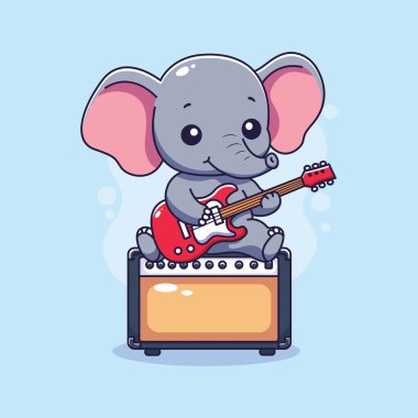 Elektronik Gitar Çizgi Filmi Vektör İllüzyonu Oynayan Şirin Fil