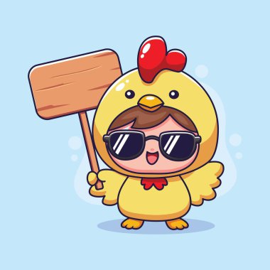 İşaretli tavuk maskotu kostümlü şirin çocuk. Vektör ilüstrasyonu