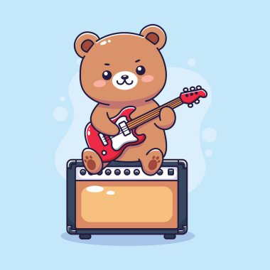 Amplifikatörde elektrikli gitar çalan sevimli çizgi film ayısı. Vektör illüstrasyonu