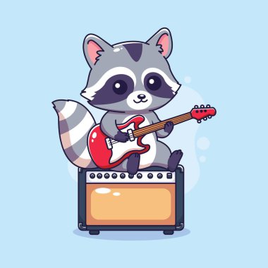 Amplifikatörde gitar çalan sevimli rakun rock yıldızı. Vektör illüstrasyonu