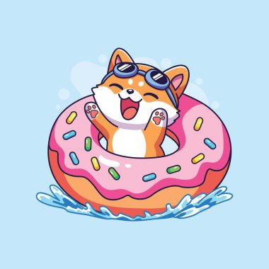 Şirin Mutlu Shiba Inu Köpek Donut arabasında yüzüyor. Vektör illüstrasyonu