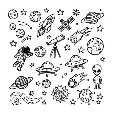 El çizimi uzay simgeleri ayarlandı. Vektör çizimi. Beyaz arkaplanda izole.