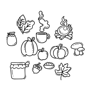 Elle çizilmiş sonbahar sembolleri. Vektör illüstrasyonu.