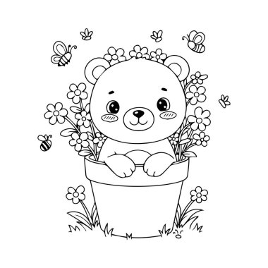 Çiçekler içinde sevimli bir ayı ve kelebek vektör çizim tasarımı. Renklere