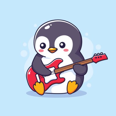 Gitarlı sevimli penguen. Çizgi film tarzında vektör illüstrasyonu.