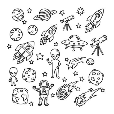 El çizimi uzay simgeleri ayarlandı. Vektör çizimi. Beyaz arkaplanda izole.