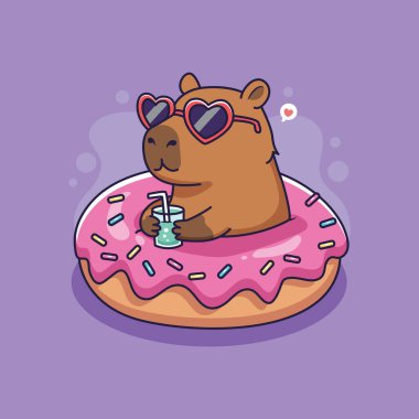 Tatlı Capybara Donut Şamandırasında Yazın tadını çıkarıyor