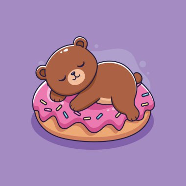  Tatlı ayı çöreğin üstünde uyuyor. vektör illüstrasyonu