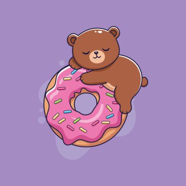 Tatlı ayı çöreğin üzerinde rahatlıyor. Vektör illüstrasyonu