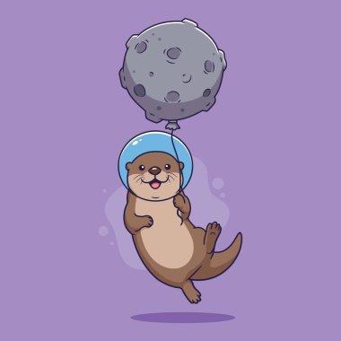 Ay Balonu Uzay Keşfi ile sevimli Su Samuru Astronotu. vektör illüstrasyonu