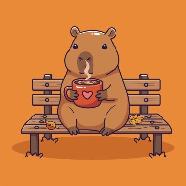 Şirin Capybara Bench 'te Ilık İçkinin tadını çıkarıyor. vektör illüstrasyonu