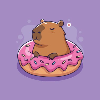 Tatlı Capybara ve çörek. Çizgi film tarzında vektör illüstrasyonu.