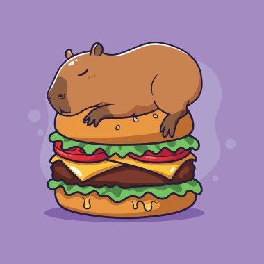 Tatlı Capybara Lezzetli Bir Burger 'de Uyuyor. Vektör illüstrasyonu
