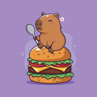 Tatlı Capybara çizgi filmi büyük bir hamburgerin tadını çıkarıyor. Vektör illüstrasyonu.