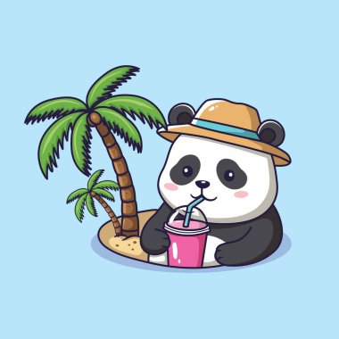 Kumsalda Coconut 'ta Şirin Panda Rahatlıyor. vektör illüstrasyonu