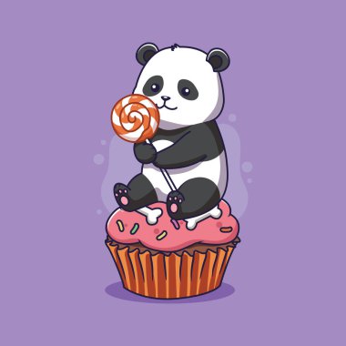 Lolipoplu şirin bir panda ve cadılar bayramı pastası. vektör illüstrasyonu.