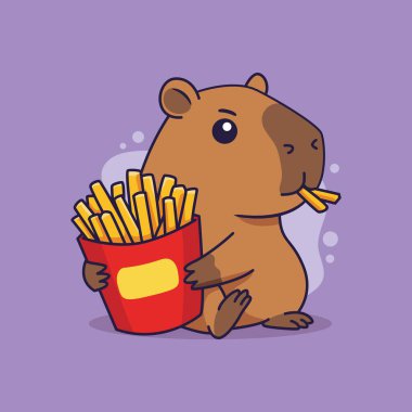 Tatlı Capybara patates kızartması yiyor. Çizgi film vektör çizimi.