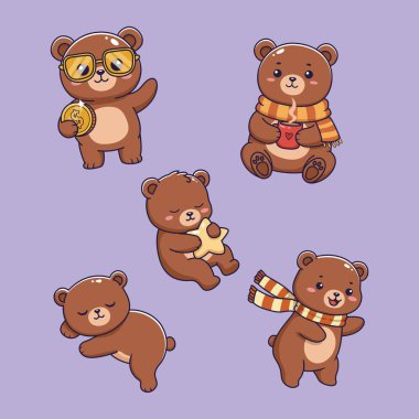 Aksesuarlı Çeşitli Pozisyonlarda Sevimli Çizgi Film Ayıları. vektör illüstrasyonu