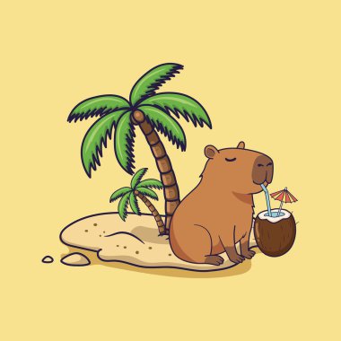 Şirin Capybara Şemsiye ile hindistan cevizi içkisinin tadını çıkarıyor. resimleme