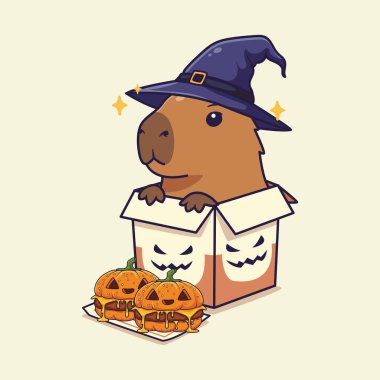 Cadılar Bayramı 'nda tatlı Capybara, balkabağı burgerli bir kutuda. resimleme