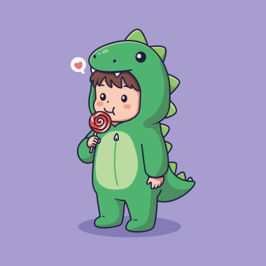 Yeşil dinozor kostümlü şirin bir çocuk kalbi olan bir lolipop yiyor. vektör illüstrasyonu