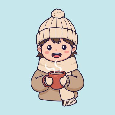 Sıcak kışın sıcacık elbiseli sıcak çikolata içen kız. vektör illüstrasyonu