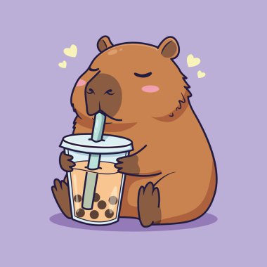 Şirin Capybara, Boba Tea 'nin tadını çikariyor. vektör illüstrasyonu