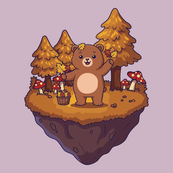 Cute Cartoon Bear in Autumn Forest with Leaves and Mushrooms. vector illustration