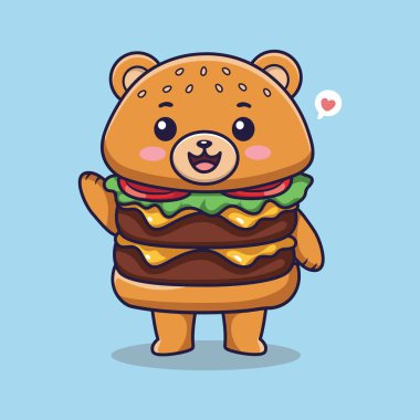Ayı Burger çizgi film karakteri besin formunda, el sallıyor. vektör illüstrasyonu