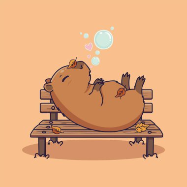 Sonbaharda Bench Dreaming with Bubbles 'da rahatlatıcı tatlı Capybara. vektör illüstrasyonu