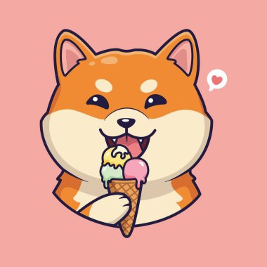 Şirin Shiba Inu Aşk Köpüklü Dondurma Külahı 'nın tadını çıkarıyor. vektör illüstrasyonu