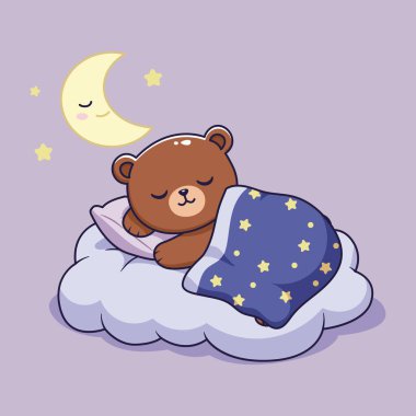 Ay ve Yıldızlı Tatlı Uyuyan Ayı Bulut 'ta. Vektör İllüstrasyonu