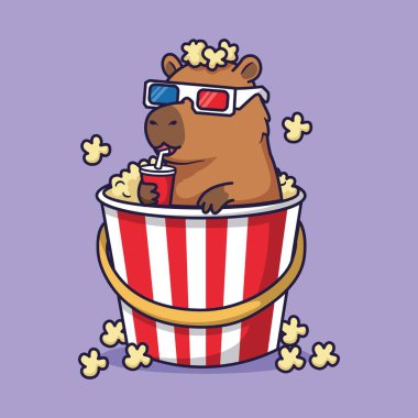 Tatlı Capybara Patlamış Mısır Kovasında Film İzliyor. Vektör İllüstrasyonu