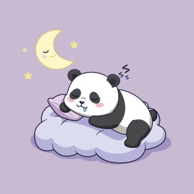 Ay ve Yıldızlarla Bulut Üzerinde Tatlı Uyuyan Panda. resimleme