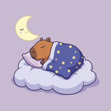 Tatlı Capybara Bulut Üzerinde Ay Altında Uyuyor. Vektör İllüstrasyonu