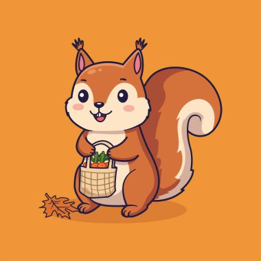Bir sepet havuçlu ve yapraklı şirin sincap. vektör illüstrasyonu