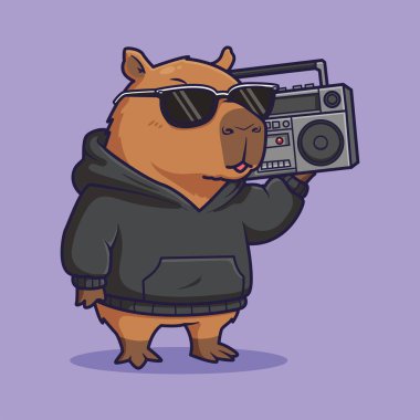 Cute Cartoon Capybara Wearing Hoodie and Sunglasses Holding Boombox. Vector Illustration of Urban Style