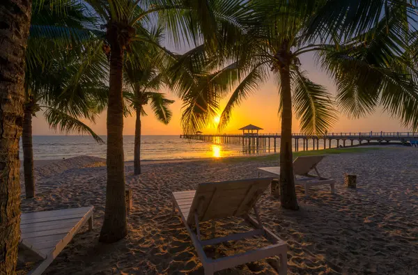 Güzel bir plaj ve günbatımı, tropikal deniz ile plajda plaj sandalyeleri.