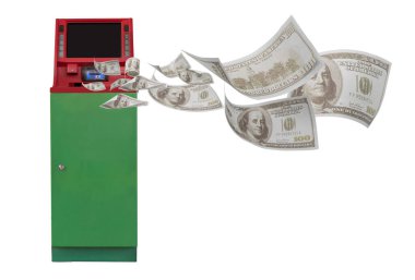 Uçan parası ve boş beyaz ekran görüntüsü olan ATM makinesi