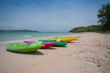 Tayland tropik sahilde renkli kayık