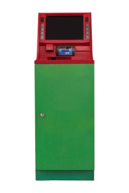 Boş ekranlı ATM ve beyaz arkaplanda izole edilmiş ödeme kartı desteği