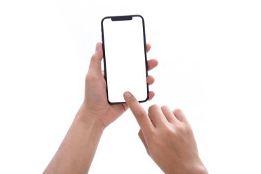 telefon mobil ve beyaz arka plan üzerinde izole ekran dokunaklı tutan el