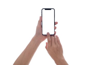 telefon mobil ve beyaz arka plan üzerinde izole ekran dokunaklı tutan el