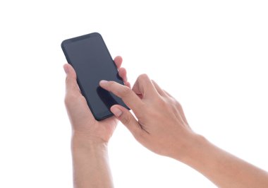 telefon mobil ve beyaz arka plan üzerinde izole ekran dokunaklı tutan el