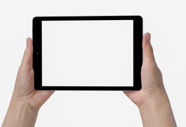 bir tablet bilgisayar becerikli alet ile izole ekran tutan eller