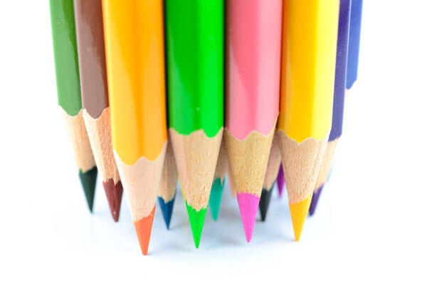 Colour pencils isolated on white background close up