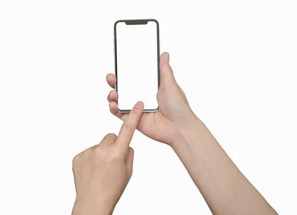 Fotoğrafta beyaz blackground izole kadın elinde Smartphone