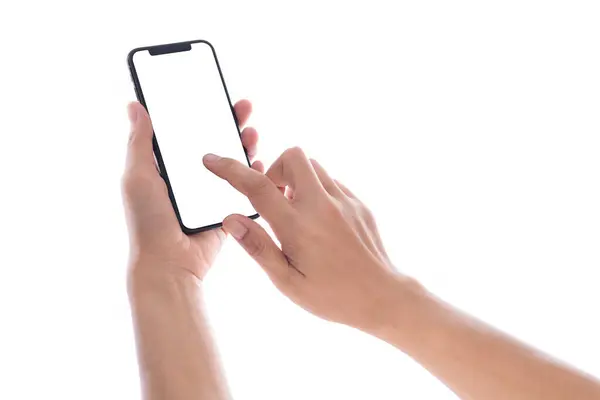 telefon mobil ve beyaz arka plan üzerinde izole ekran dokunaklı tutan el