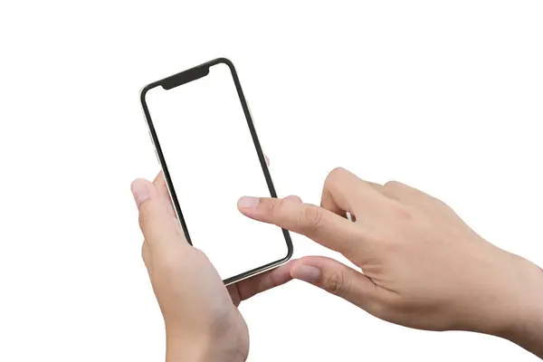 Fotoğrafta beyaz blackground izole kadın elinde Smartphone