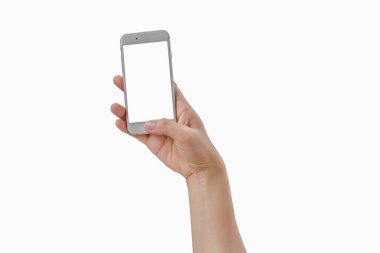 Fotoğrafta beyaz blackground izole kadın elinde Smartphone